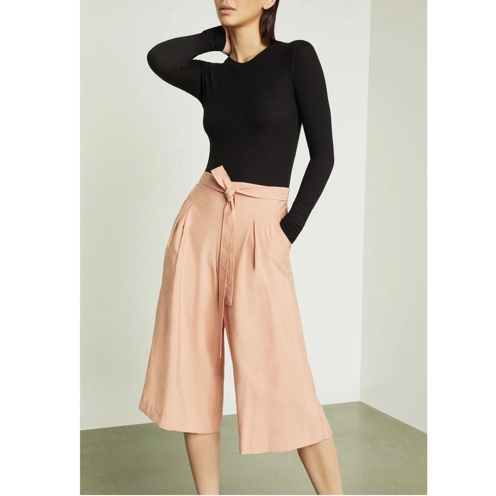 BCBGeneration Culottes Womens S Tan Wide Leg Side Button Tie Waist Cropped Pants